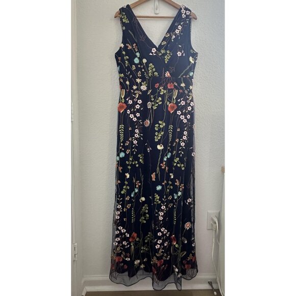 Leslie Fay Maxi Gown Dress Womens 16 Navy Blue Floral Embroidered Mesh Fairy